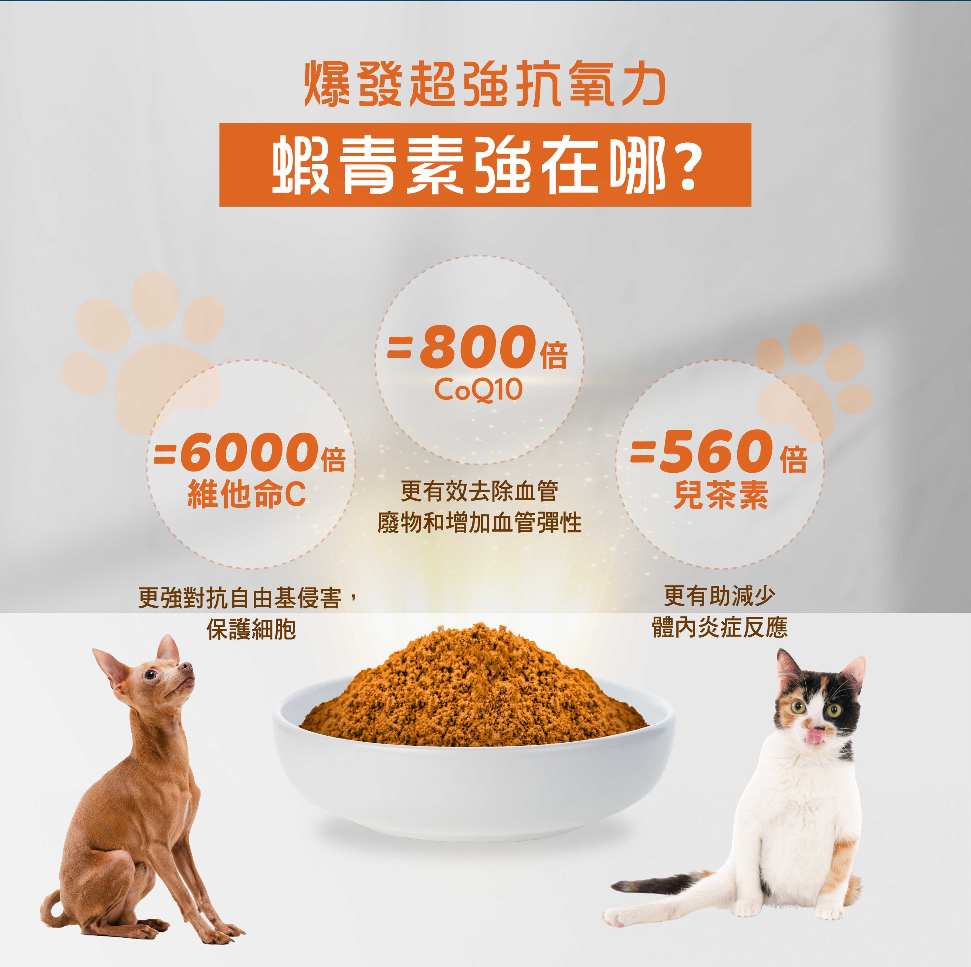 VETALO極效皇牌磷蝦粉含Omega 3、蝦青素及葉黃素等成分，比魚油及亞麻籽油吸收率高，潤滑關節，強化心臟，改善淚痕視力健康，消炎紅腫，紓緩皮膚敏感及搔癢。