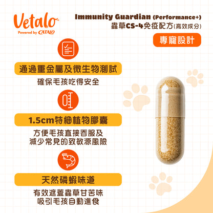 Vetalo Immunity Guardian寵物蟲草CS-4免疫配方膠囊，通過重金屬及微生物測試，採1.5厘米植物膠囊與天然磷蝦風味，方便狗貓安全補充。