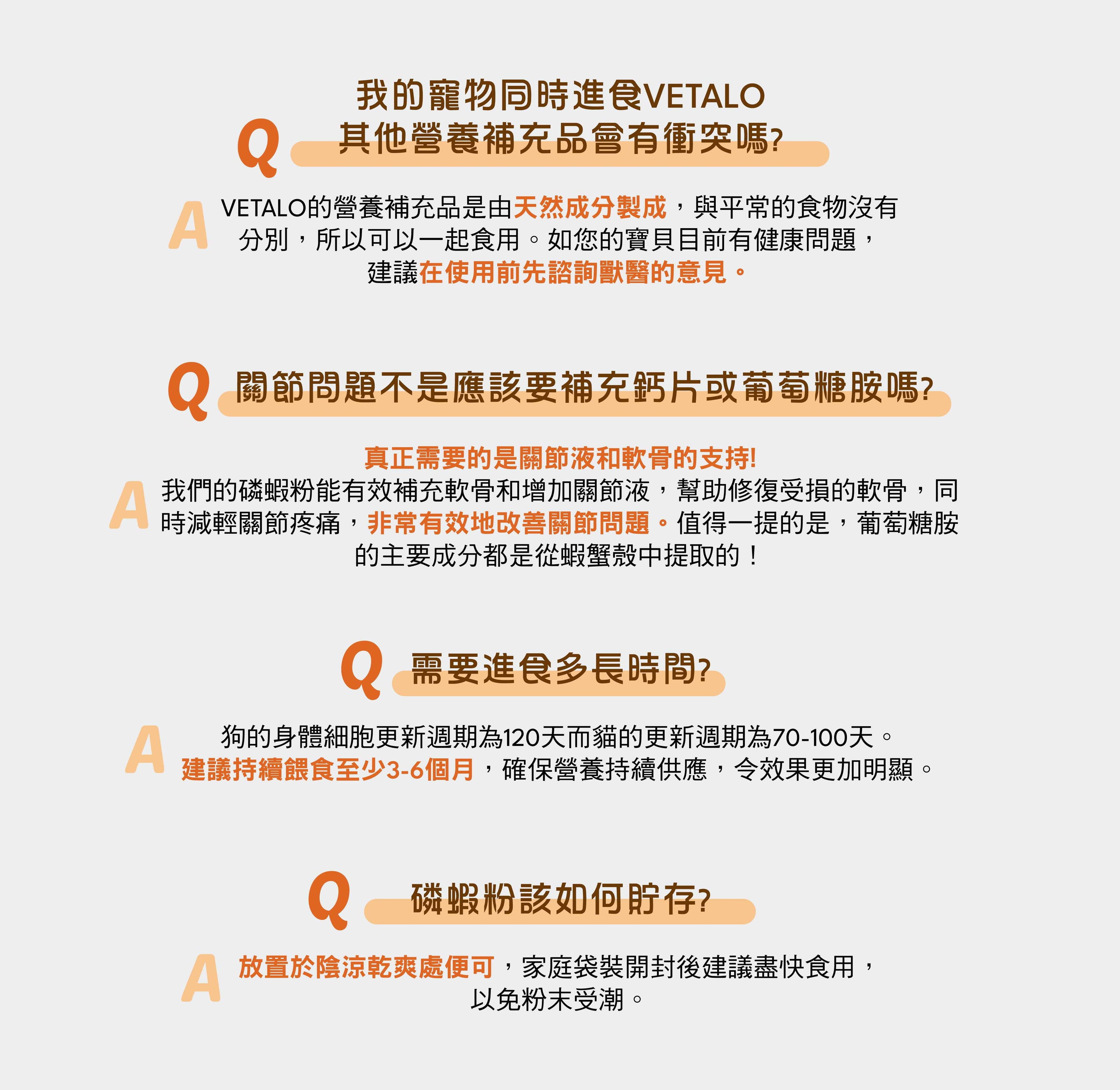 Vetalo磷蝦粉常見問題第二部分：Q1可以和其他營養品一起吃嗎？天然成分製成可以一起食用，服用處方藥建議先諮詢獸醫。Q2關節問題不是要補鈣或葡萄糖胺嗎？真正需要的是關節液和軟骨支持，磷蝦粉非常有效改善關節問題。Q3需要吃多久？建議持續至少3-6個月確保效果。Q4如何貯存？陰涼乾燥通風處，封存後盡快食用。