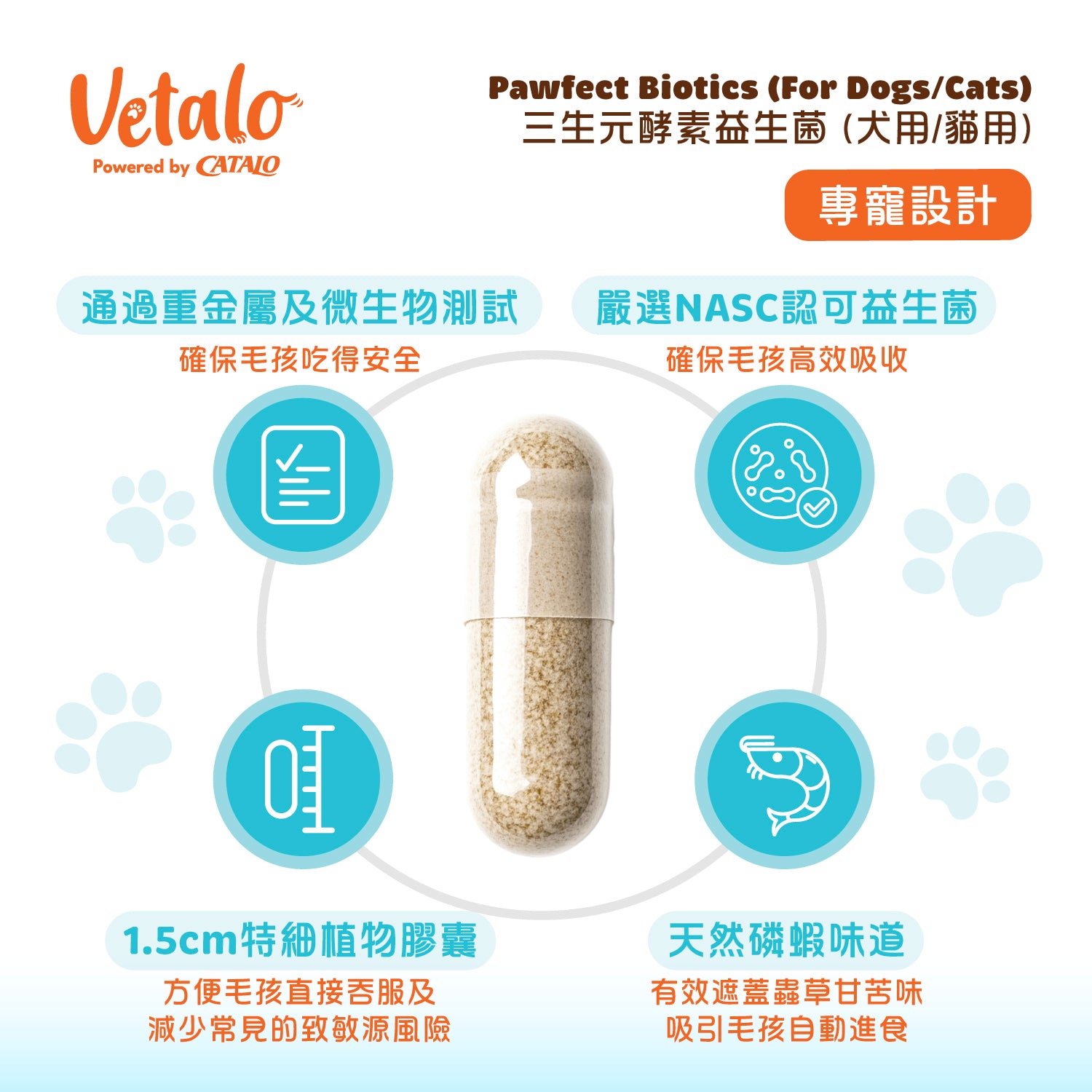 Vetalo Pawfect Biotics專寵設計：1.5cm細植物膠囊、NASC認可菌株、通過重金屬檢測、天然磷蝦口味
